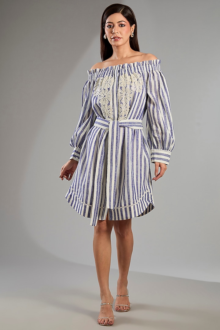 Blue Linen Stripe Cocktail Dress With Belt by Namrata Joshipura at Pernia's Pop Up Shop