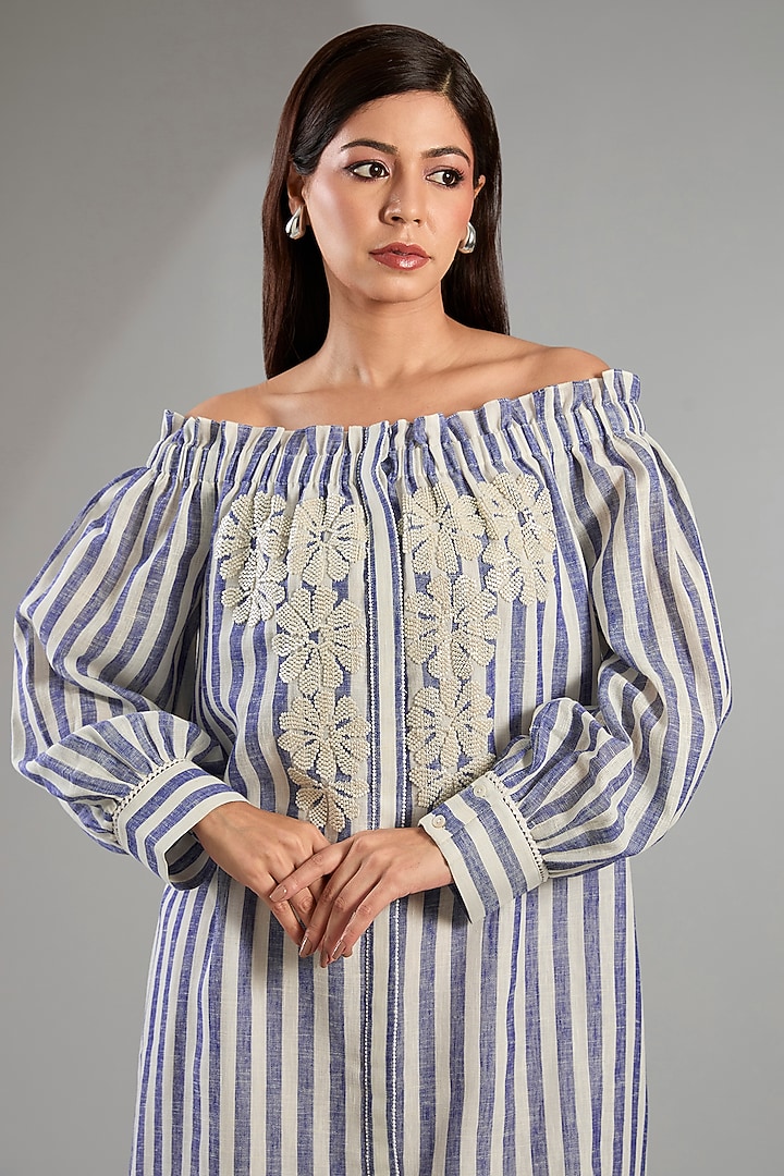 Blue Linen Stripe Cocktail Dress With Belt by Namrata Joshipura at Pernia's Pop Up Shop