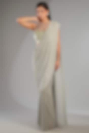 Silver Shimmer Chiffon Draped Reception Saree Set by Namrata Joshipura at Pernia's Pop Up Shop
