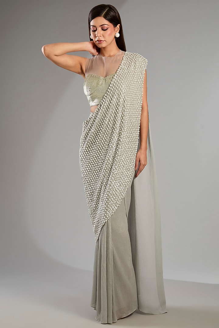 Silver Shimmer Chiffon Draped Reception Saree Set by Namrata Joshipura at Pernia's Pop Up Shop