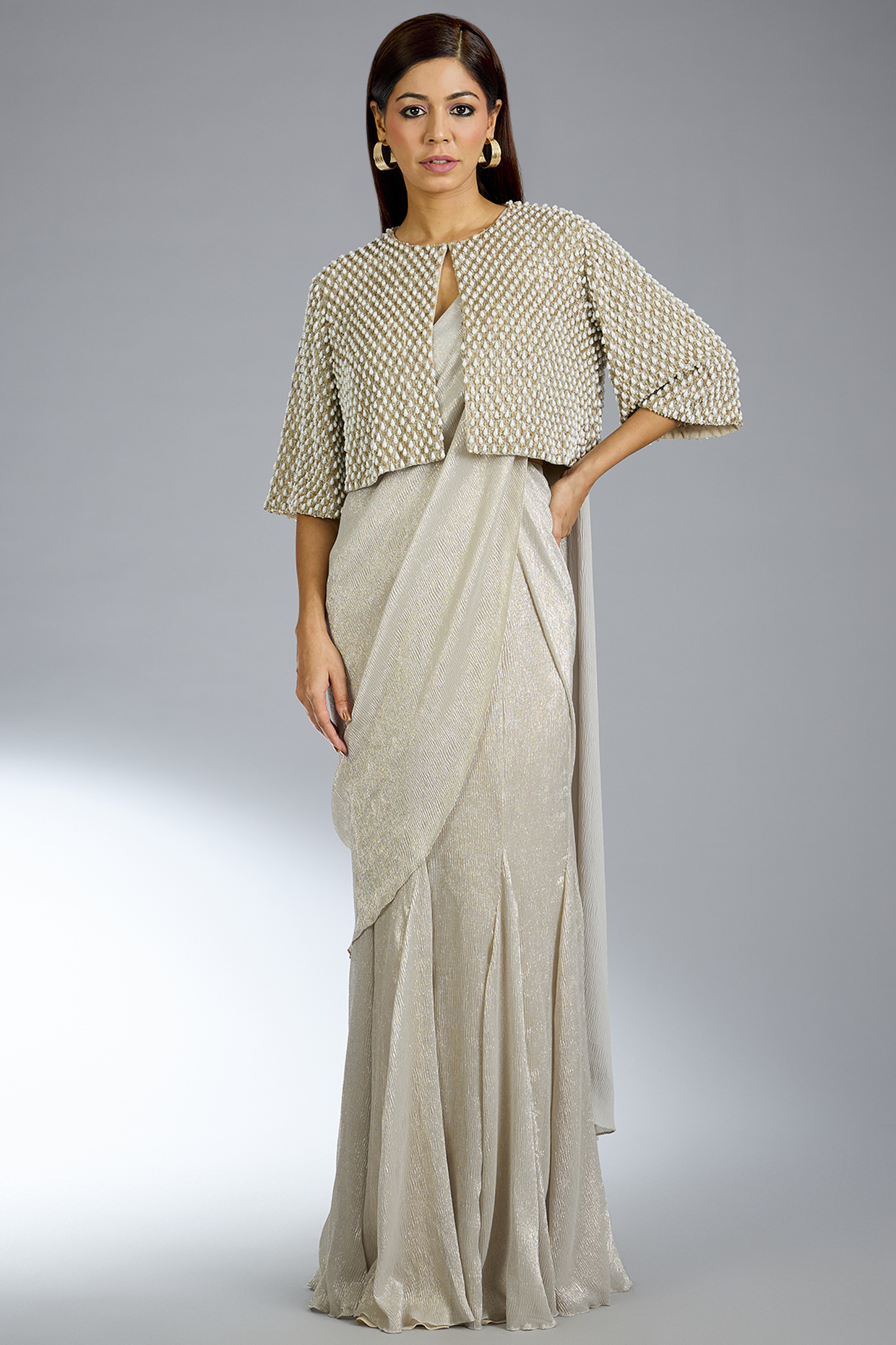 Silver Shimmer Chiffon Draped Reception Saree Set by Namrata Joshipura at Pernia's Pop Up Shop