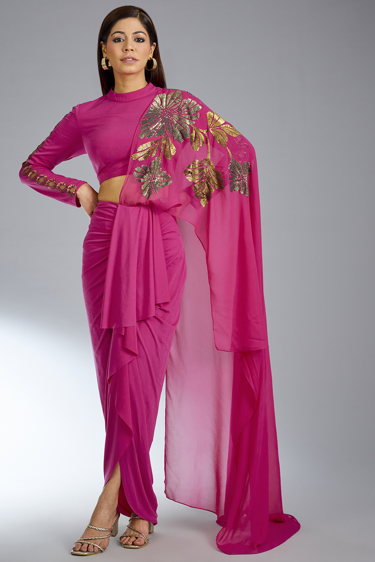 Fuchsia Jersey Draped Wedding Saree Set by Namrata Joshipura at Pernia's Pop Up Shop