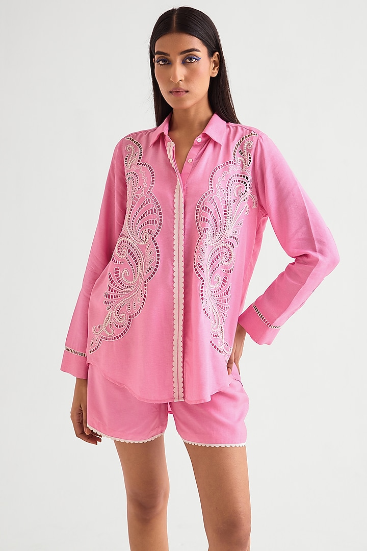 Candy Pink Silk Voile Shirt by Namrata Joshipura at Pernia's Pop Up Shop