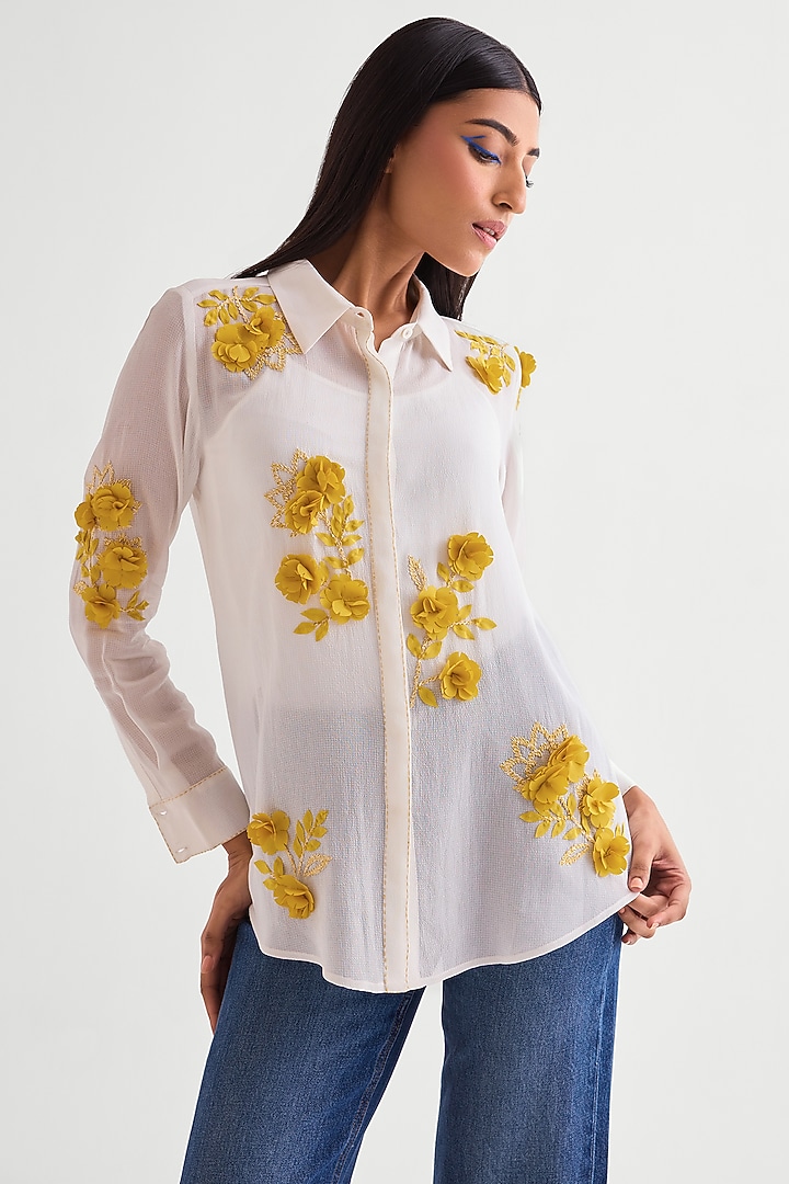 Ivory Georgette Scrunchy Shirt by Namrata Joshipura at Pernia's Pop Up Shop