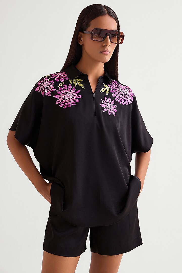Black Satin Back Tie-Up Top by Namrata Joshipura at Pernia's Pop Up Shop