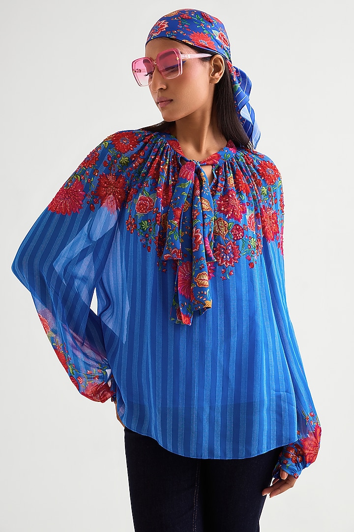 German Blue Georgette Boho Top by Namrata Joshipura at Pernia's Pop Up Shop