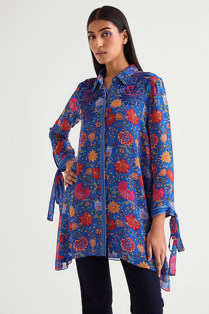 German Blue Georgette Floral Shirt Tunic by Namrata Joshipura at Pernia's Pop Up Shop