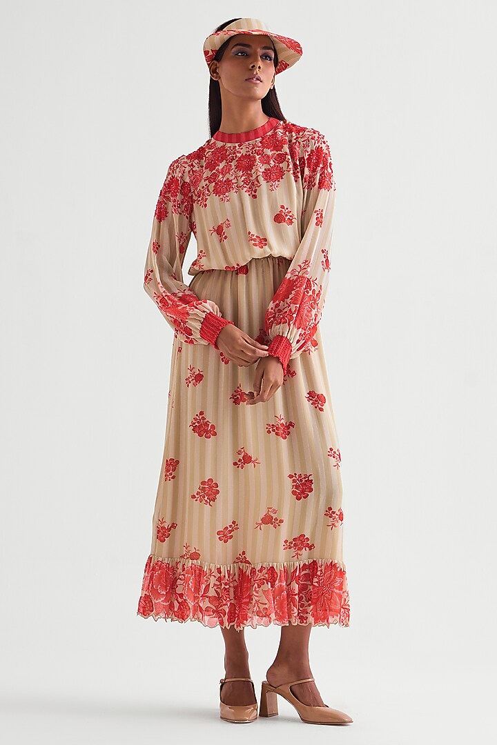 Beige Georgette Floral Boho Vacation Dress by Namrata Joshipura at Pernia's Pop Up Shop