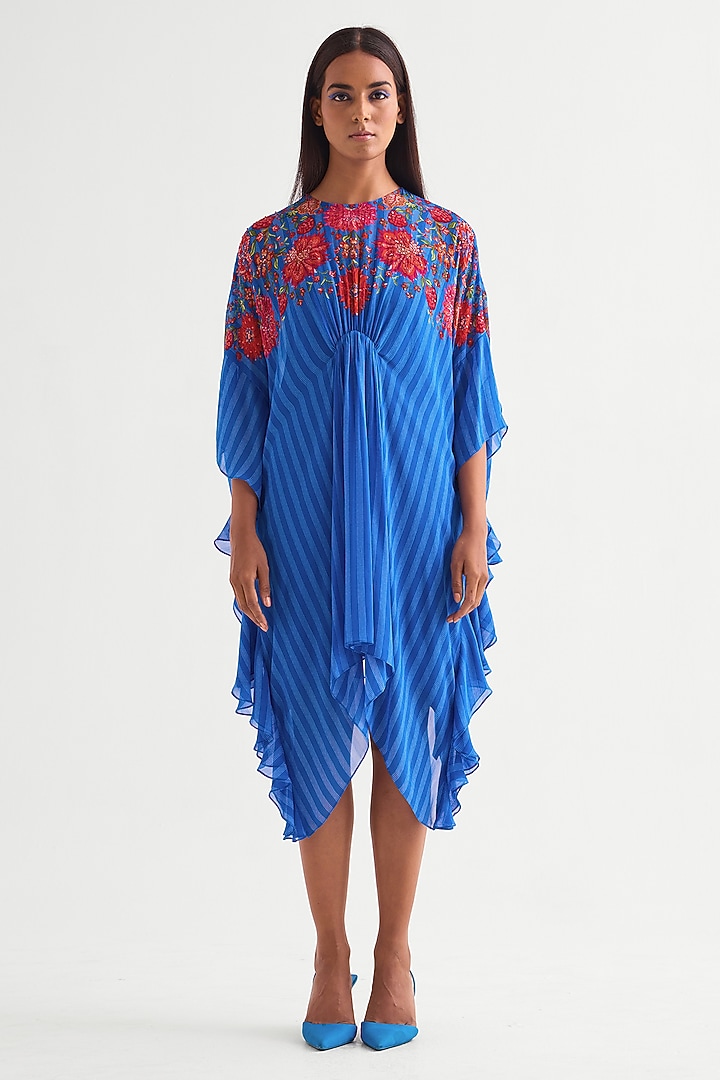 German Blue Georgette Floral Frilled Vacation Dress by Namrata Joshipura at Pernia's Pop Up Shop