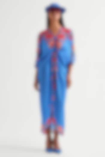 German Blue Satin Floral Drawstring Vacation Dress by Namrata Joshipura at Pernia's Pop Up Shop