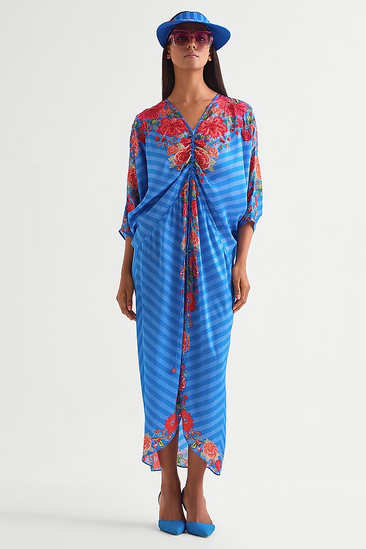 German Blue Satin Floral Drawstring Vacation Dress by Namrata Joshipura at Pernia's Pop Up Shop