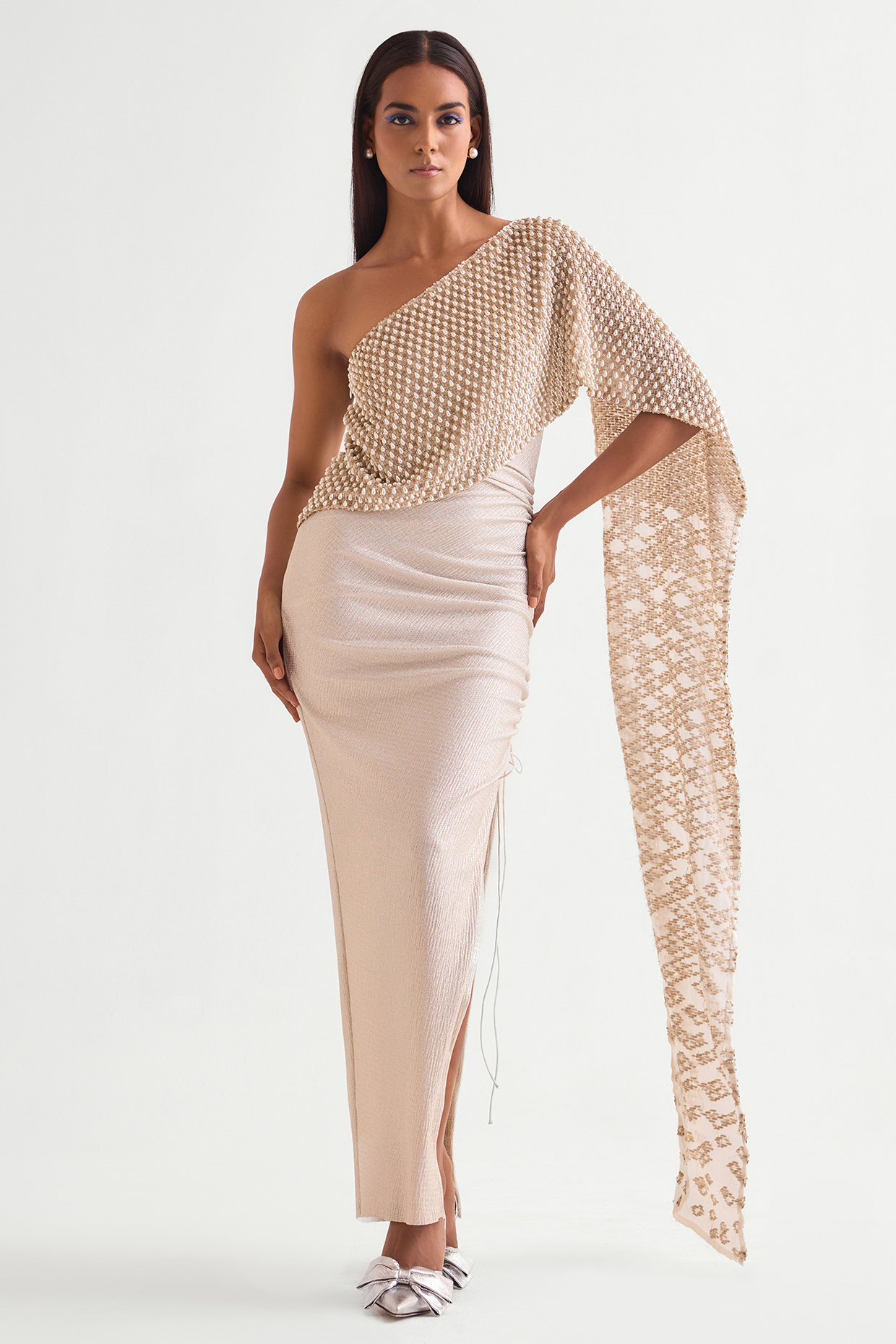 Ivory Shimmer Jersey Pearl Drop Off-Shoulder Gown by Namrata Joshipura at Pernia's Pop Up Shop