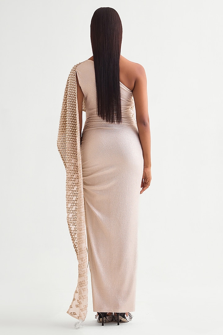 Ivory Shimmer Jersey Pearl Drop Off-Shoulder Engagement Gown by Namrata Joshipura at Pernia's Pop Up Shop