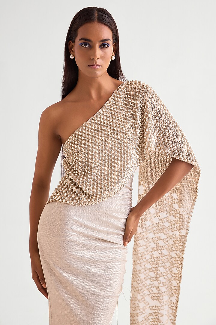 Ivory Shimmer Jersey Pearl Drop Off-Shoulder Engagement Gown by Namrata Joshipura at Pernia's Pop Up Shop