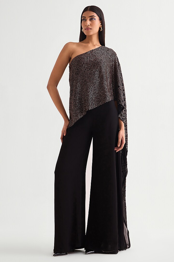 Black Georgette Off-Shoulder Jumpsuit by Namrata Joshipura at Pernia's Pop Up Shop