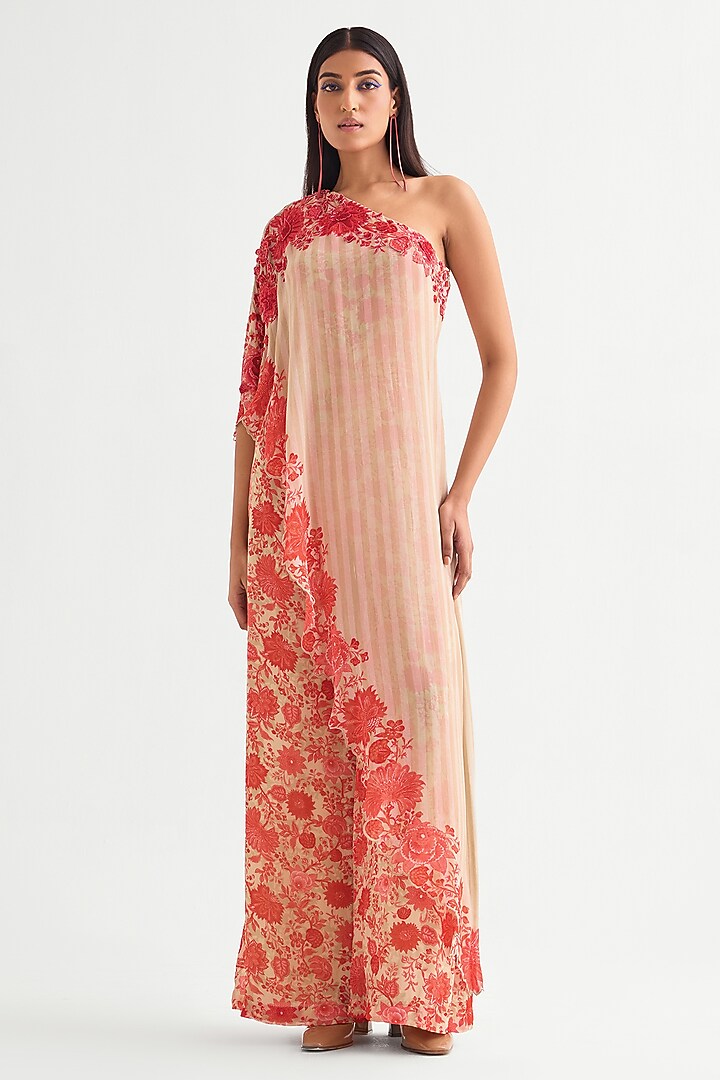 Beige Georgette Floral Off-Shoulder Jumpsuit by Namrata Joshipura at Pernia's Pop Up Shop