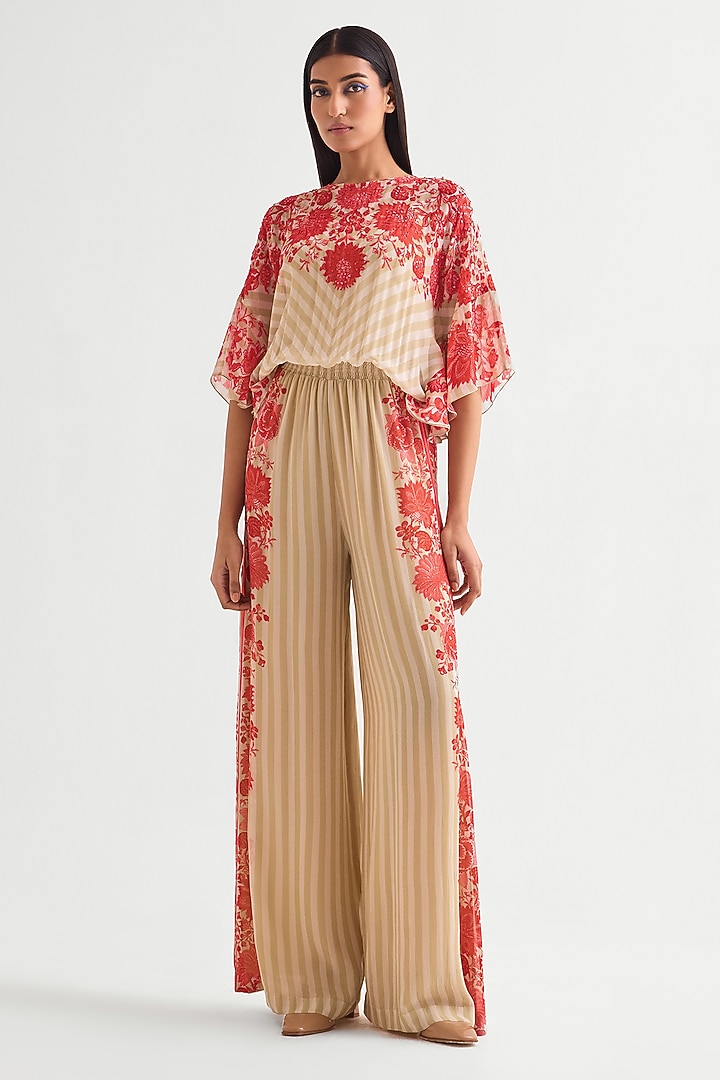 Beige Georgette Floral Frilled Jumpsuit by Namrata Joshipura at Pernia's Pop Up Shop