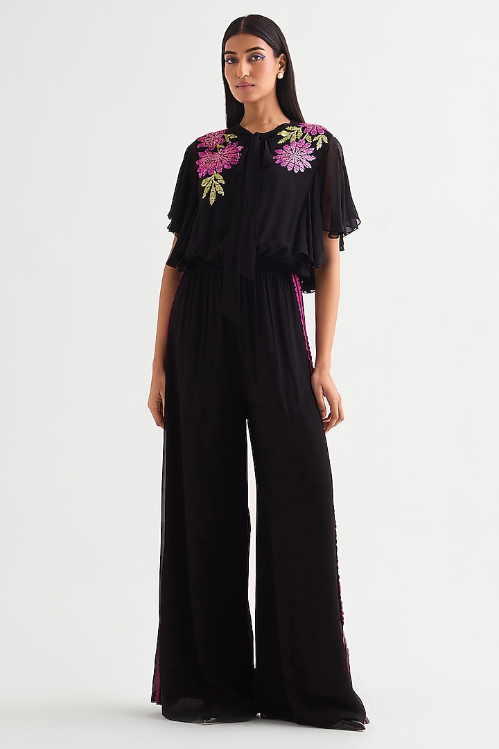 Black Georgette Frilled Boxy Jumpsuit by Namrata Joshipura at Pernia's Pop Up Shop