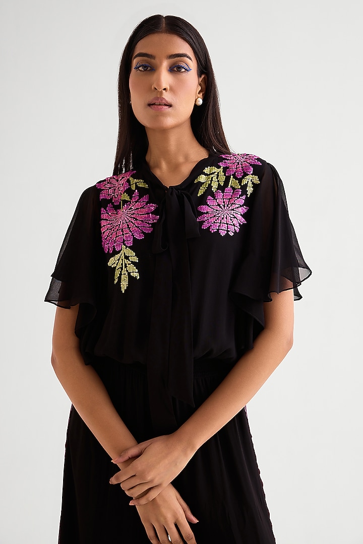 Black Georgette Frilled Boxy Jumpsuit by Namrata Joshipura at Pernia's Pop Up Shop