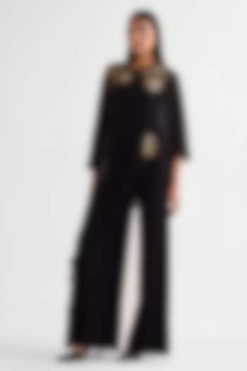 Black jersey & Georgette Front Panelled Jumpsuit by Namrata Joshipura at Pernia's Pop Up Shop