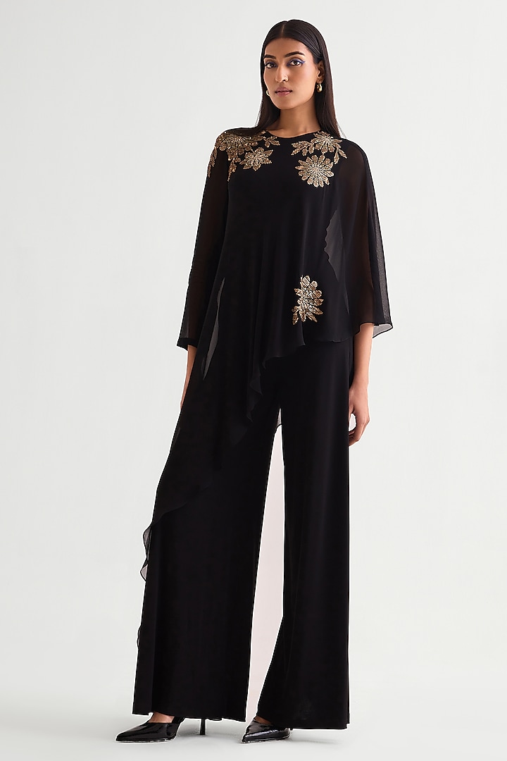 Black jersey & Georgette Front Panelled Jumpsuit by Namrata Joshipura at Pernia's Pop Up Shop