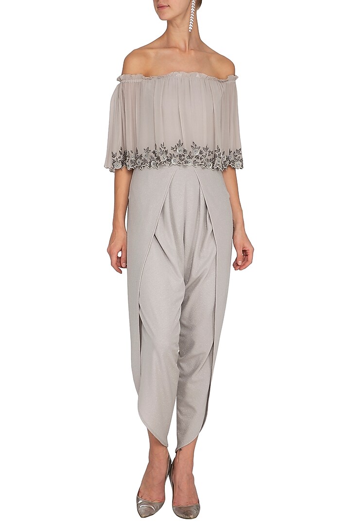 Grey Hand Embroidered Off Shoulder Jumpsuit by Namrata Joshipura at Pernia's Pop Up Shop