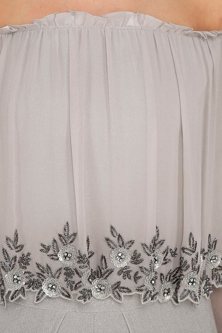 Grey Hand Embroidered Off Shoulder Jumpsuit by Namrata Joshipura at Pernia's Pop Up Shop