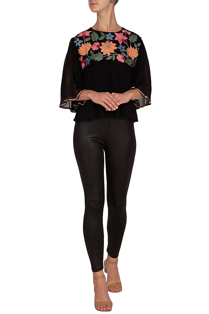 Black Machine Embroidered Peplum Top by Namrata Joshipura at Pernia's Pop Up Shop