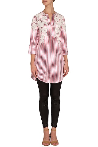 Pink Hand Embroidered & Striped Tunic by Namrata Joshipura
