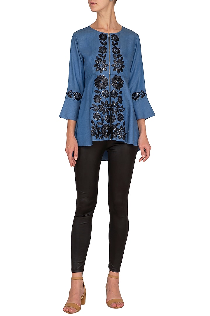 Blue Hand Embroidered Peplum Top by Namrata Joshipura at Pernia's Pop Up Shop