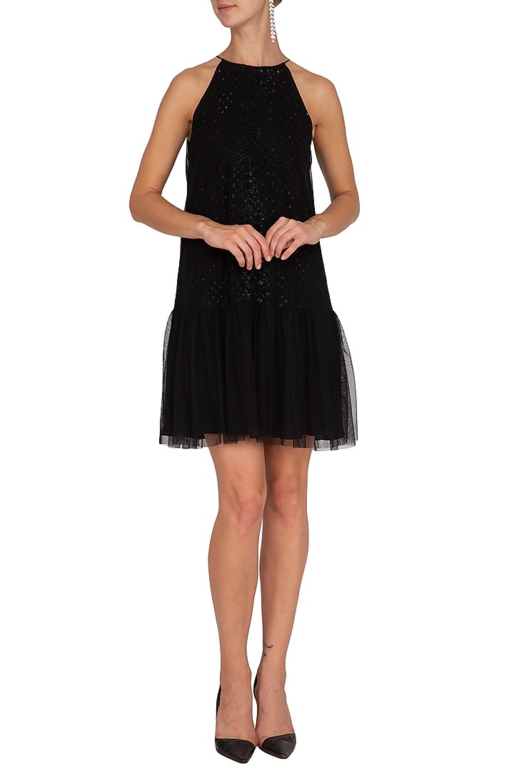 Black Hand Embroidered Frill Summer Dress by Namrata Joshipura at Pernia's Pop Up Shop
