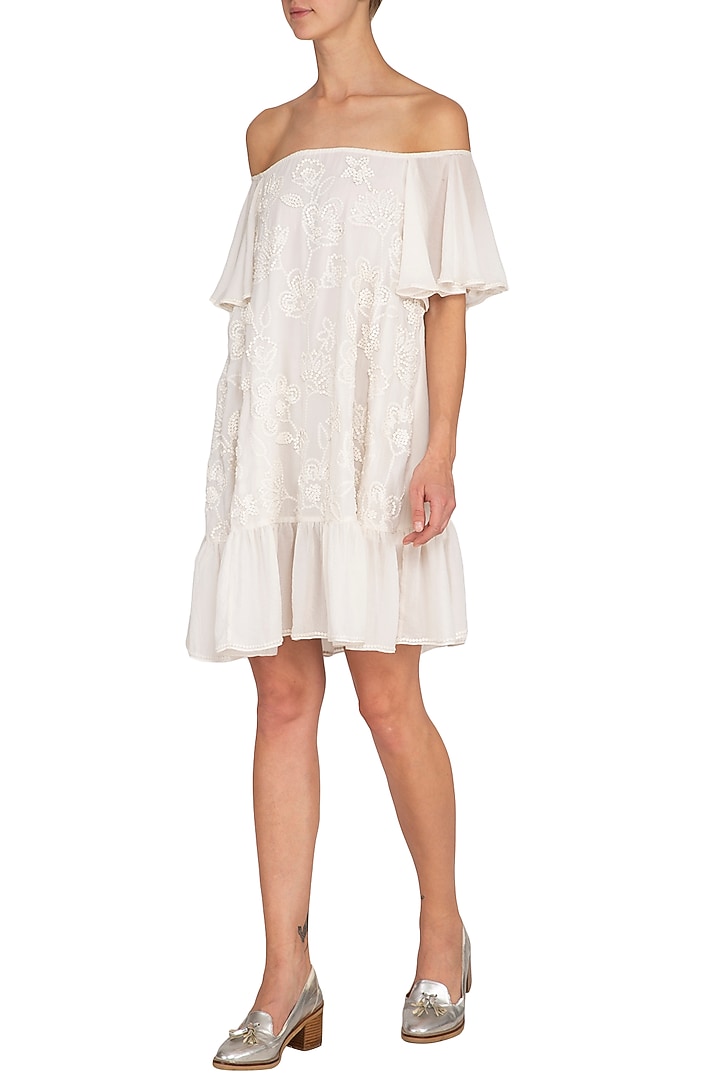 Ivory Hand Embroidered Frill Vacation Dress by Namrata Joshipura at Pernia's Pop Up Shop