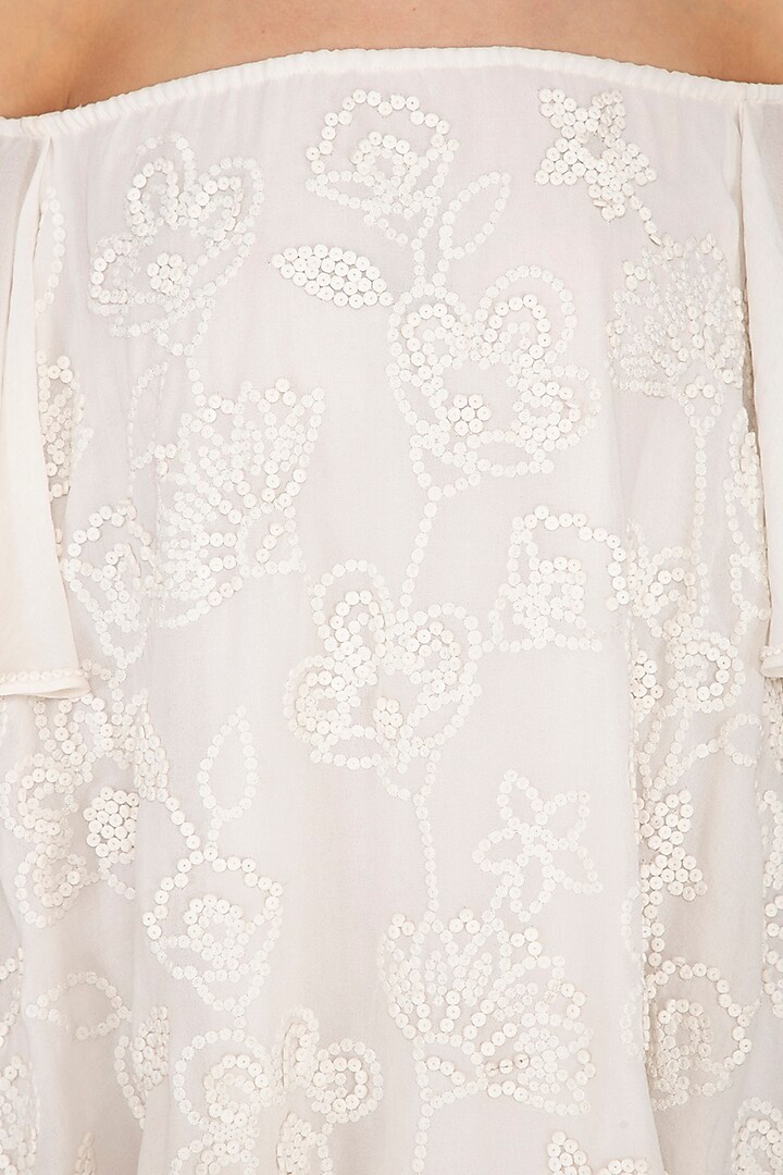 Ivory Hand Embroidered Frill Vacation Dress by Namrata Joshipura at Pernia's Pop Up Shop