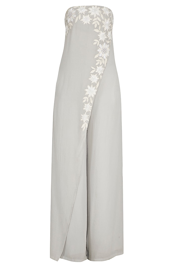 Grey Hand Embroidered Velvet Daisy Bandeau Jumpsuit by Namrata Joshipura at Pernia's Pop Up Shop