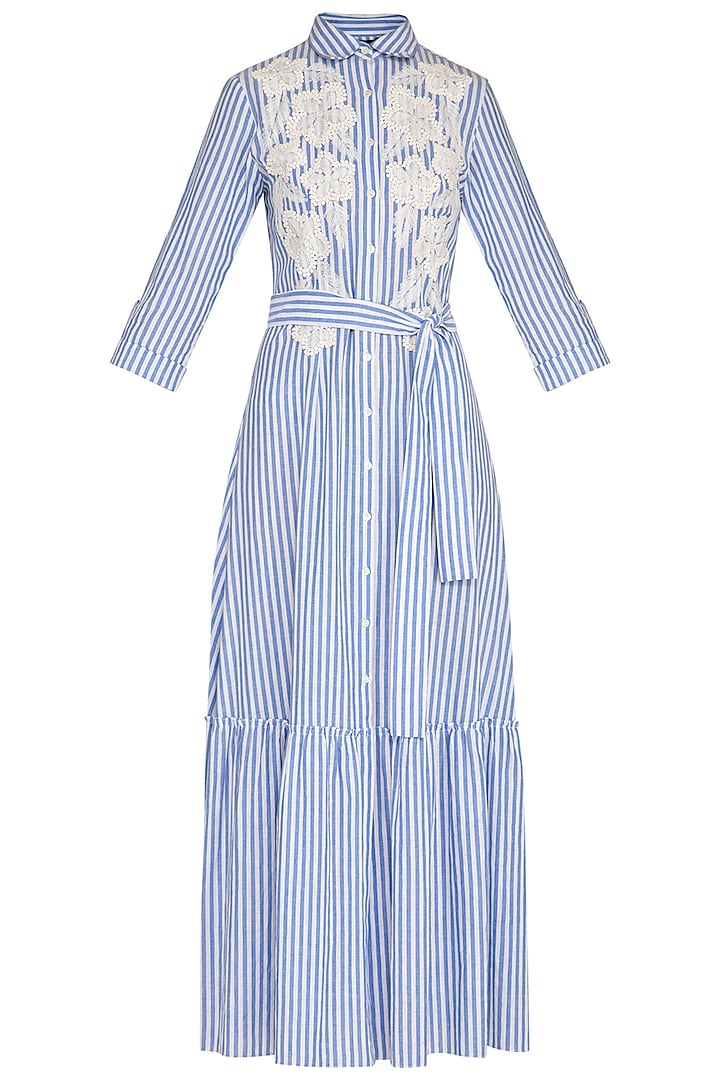 Blue Hand Embroidered Striped Maxi Dress With Belt by Namrata Joshipura