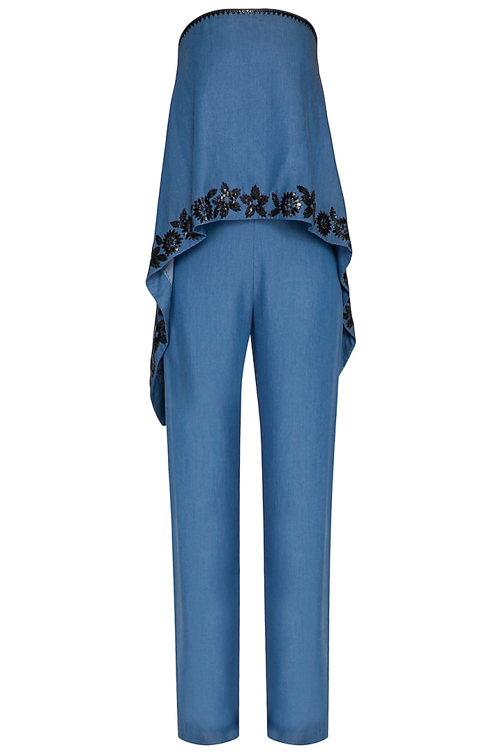 Blue Hand Embroidered Floral Cape Jumpsuit by Namrata Joshipura