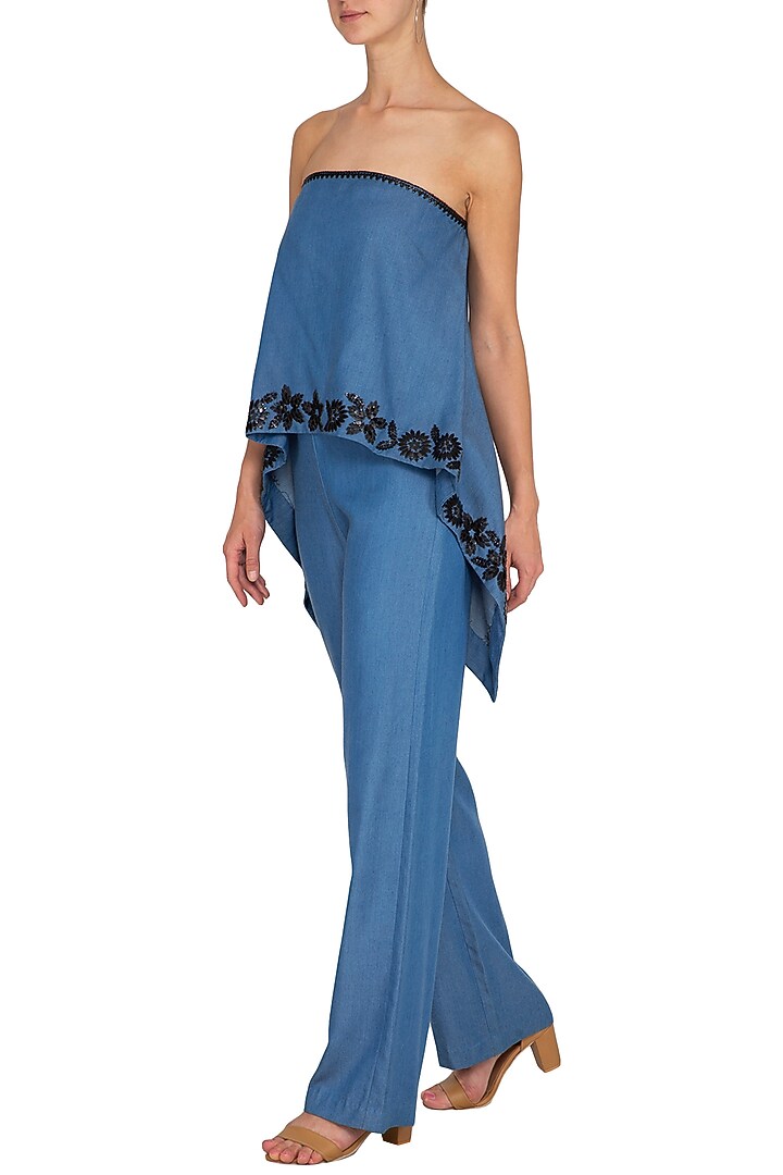 Blue Hand Embroidered Floral Cape Jumpsuit by Namrata Joshipura at Pernia's Pop Up Shop