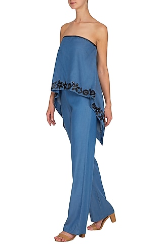 Blue Hand Embroidered Floral Cape Jumpsuit by Namrata Joshipura
