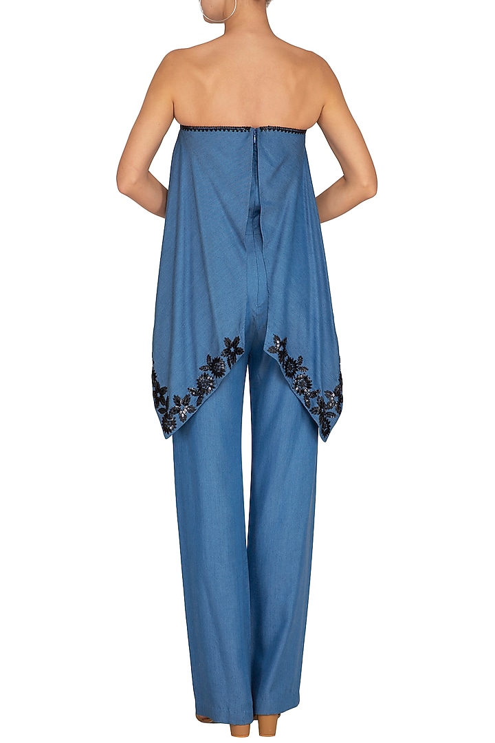 Blue Hand Embroidered Floral Cape Jumpsuit by Namrata Joshipura at Pernia's Pop Up Shop