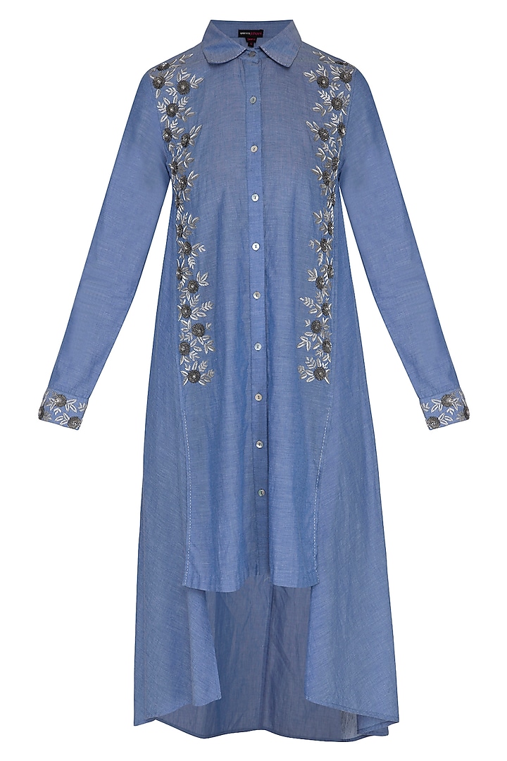 Blue Hand Embroidered High-Low Denim Tunic by Namrata Joshipura