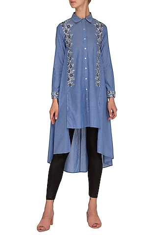Blue Hand Embroidered High-Low Denim Tunic by Namrata Joshipura
