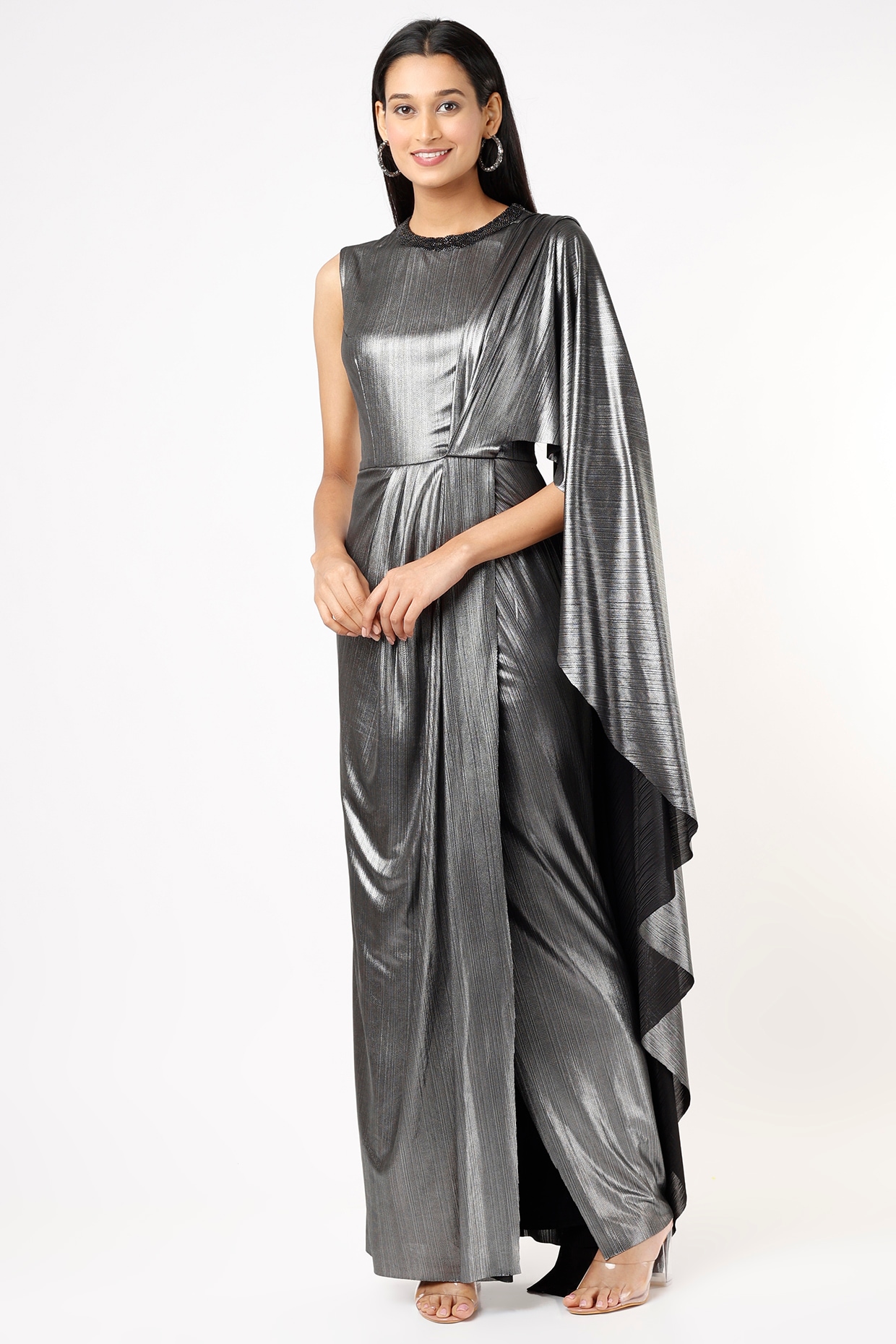 Metallic Silver Imported Shimmer Chiffon Pre-Draped Skirt Saree Set Design  by Vesture at Pernia's Pop Up Shop 2024