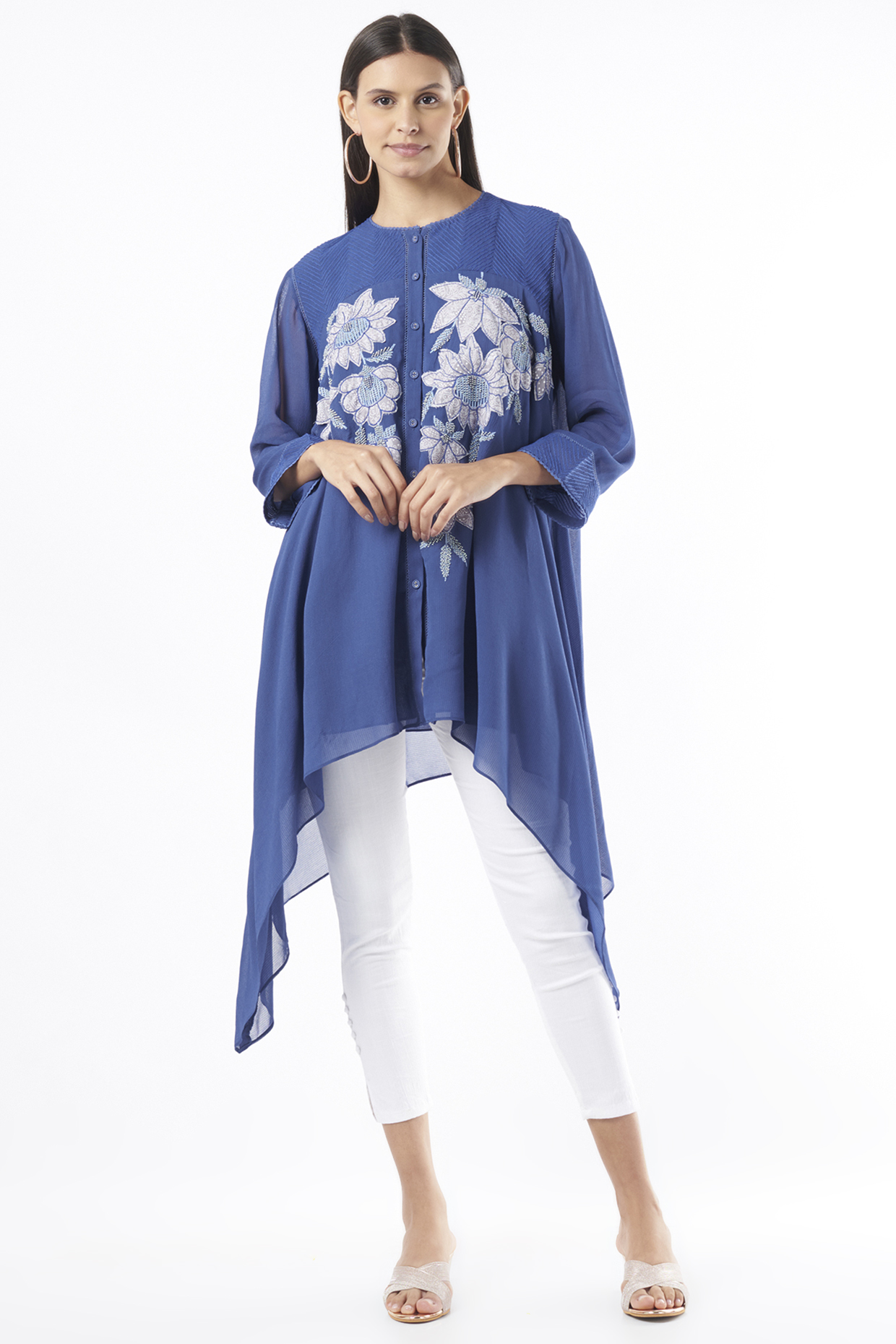 Indigo Embellished Asymmetrical Tunic by Namrata Joshipura