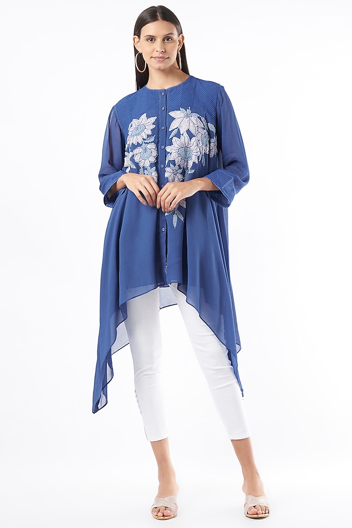 Indigo Embellished Asymmetrical Tunic by Namrata Joshipura