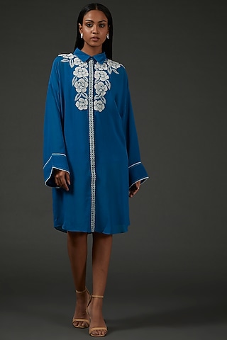 Prussian Blue Textured Georgette Embroidered Dress by Namrata Joshipura