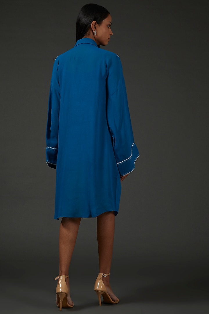 Prussian Blue Textured Georgette Embroidered Cocktail Dress by Namrata Joshipura at Pernia's Pop Up Shop