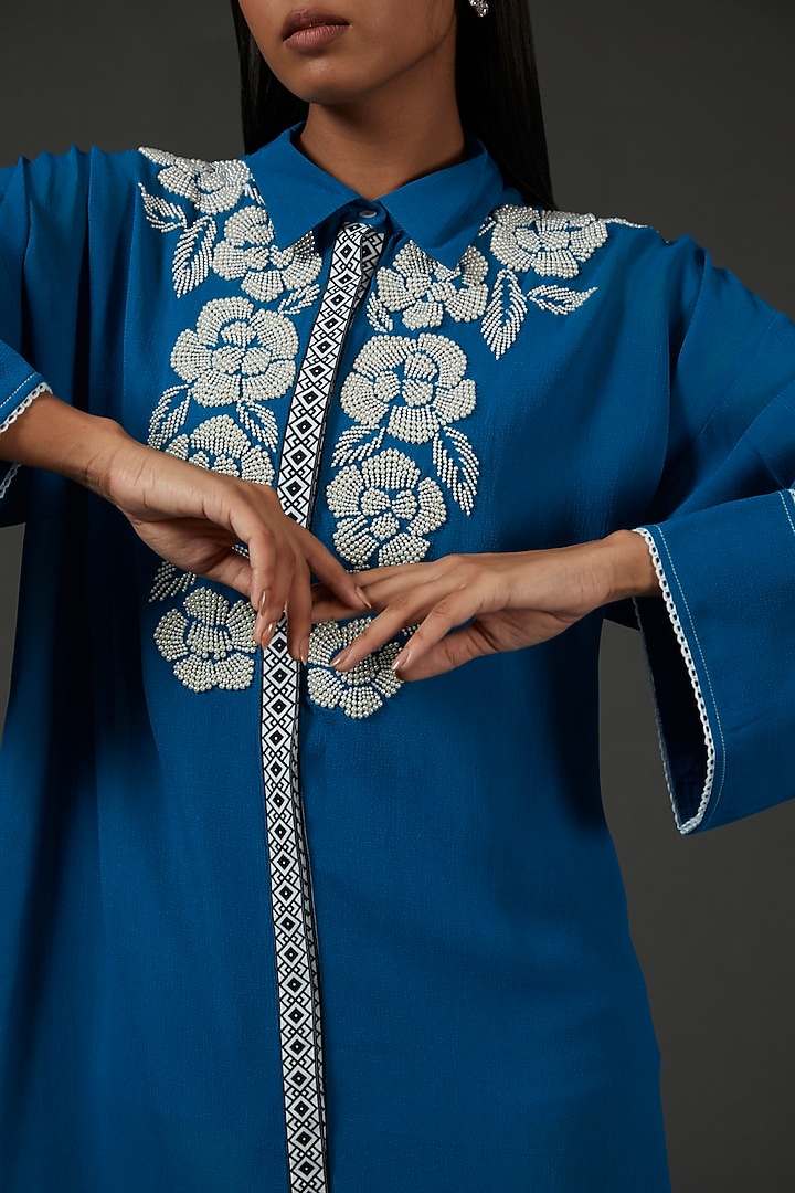 Prussian Blue Textured Georgette Embroidered Cocktail Dress by Namrata Joshipura at Pernia's Pop Up Shop