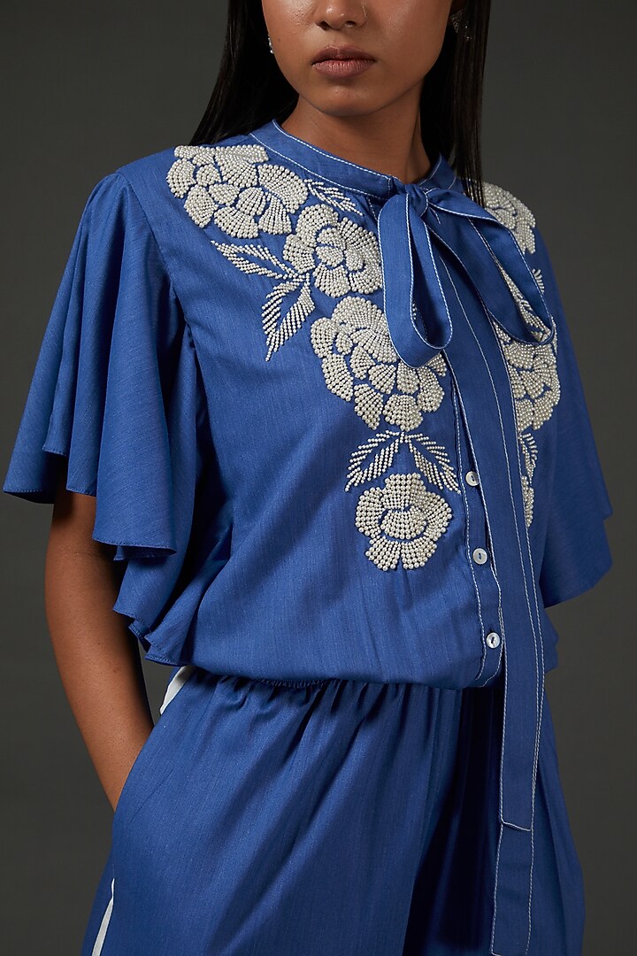 Blue Denim Embroidered Jumpsuit by Namrata Joshipura at Pernia's Pop Up Shop