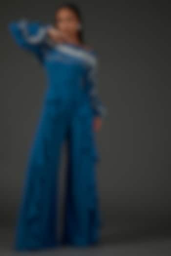 Blue Georgette Embellished Scalloped Jumpsuit by Namrata Joshipura