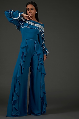 Blue Georgette Embellished Scalloped Jumpsuit by Namrata Joshipura